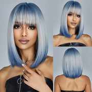 Wig With Bangs Gradient Blue Short Straight Hair