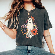 Washed Vintage Flower Ghost Halloween Horror Film Print Short Sleeve