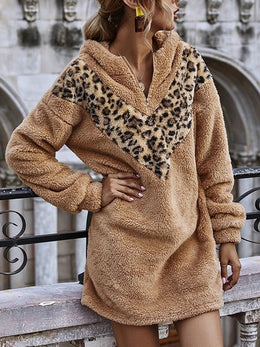 Women's New Leopard Print Stitching Hooded Pullover Mid-length Long-sleeved Plush Jacket