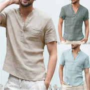 Gay Men's Muscle Fit Casual Linen Solid Color Shirt Button V Neck Beach Shirt Men Summer Tops