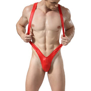 Men's One Piece V-Sling Leather Swimsuit Bodysuit