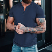 Gay Men's Muscle Fit Shirts, Men's Casual Henley Round Neck Short Sleeve Solid Color T-Shirt