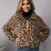 Leopard Print Lapel Zip Fur Jacket Long Sleeve Plush Sweater Jacket