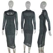 Long Sleeve Net Yarn Hot Rhinestone Dress Nightclub Dress