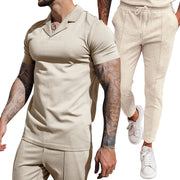 V Neck Casual Lapel Shirt Men's Short Sleeve Pants Suit (top and bottom)
