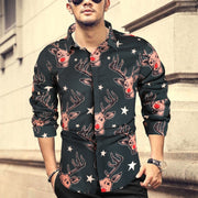 Gay Men's Christmas Long Sleeve Reindeer Dress Shirts, Men's Christmas Long Sleeve Reindeer Dress Shirts, Black Long Sleeve Christmas reindeer dress shirt