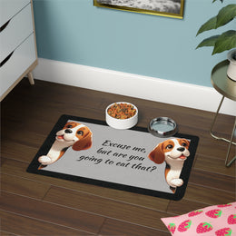 Super cute dog bowl mat for people who love their beagles. Gray mat with black trim with two dogs peaking around the corner saying 