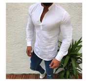 Summer men's plain linen short sleeved casual shirt with a stand-up collar