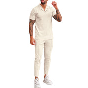 V Neck Casual Lapel Shirt Men's Short Sleeve Pants Suit (top and bottom)