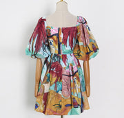 Hit Color Print Dress For Women V Neck Puff Short Sleeve High Waist Casual Mini Ball Gown Female