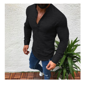 Summer men's plain linen short sleeved casual shirt with a stand-up collar