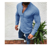 Summer men's plain linen short sleeved casual shirt with a stand-up collar