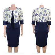 Printed Lace Jacket Large Size Round Neck Dress Skirt Set