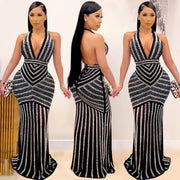European And American Sexy Deep V Backless Nightclub Evening Dress Hot Diamond Perspective Long Skirt