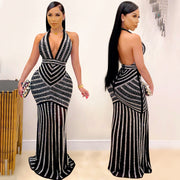 European And American Sexy Deep V Backless Nightclub Evening Dress Hot Diamond Perspective Long Skirt