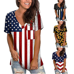 Women's Top National Flag Printed V-neck Short-sleeved Loose T-shirt Women
