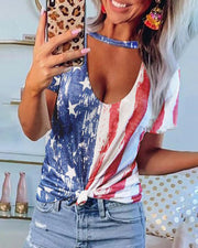 Slanted Shoulder Flag Print Short Sleeve