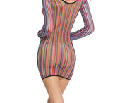 Gay Pride Rainbow Mesh Slip On Dress Body Stocking Sexy See Through Hollow Out