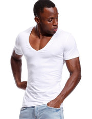 Gay Men's Slim Fit, Muscle Fit, Deep V Neck T Shirt For Men Low Cut Wide Vee Tee Male