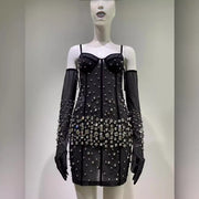 Drag Queen Dress, Drag Queen Gown, Drag Queen Outfit, Drag Queen Clothing, Rhinestone Fashionable Gloves Sexy Black Mesh Suspenders Dress