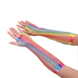 Gay Pride Rainbow Color Sexy Fishnet Half-finger Long Net Gloves