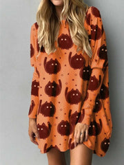 Explosive Christmas Cartoon Cat Print Loose Long Sleeve Shirt Dress