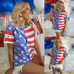 Women's Independence Day Flag Print Crew Neck Short Sleeve Casual T-Shirt