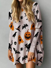 Explosive Christmas Cartoon Cat Print Loose Long Sleeve Shirt Dress