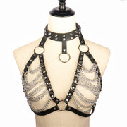 Handsome Lady Studded Punk Collar Belt Nightclub Sexy Metal Chain Strap Punk PU Harness