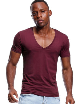 Gay Men's Slim Fit, Muscle Fit, Deep V Neck T Shirt For Men Low Cut Wide Vee Tee Male