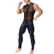 Men's Wild Patent Leather And Mesh Panel Bodysuit
