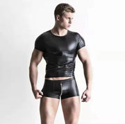 Men's Matte Leather T-Shirt Tights Performance Clothes Nightclub