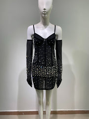 Drag Queen Dress, Drag Queen Gown, Drag Queen Outfit, Drag Queen Clothing, Rhinestone Fashionable Gloves Sexy Black Mesh Suspenders Dress