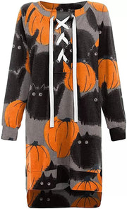 Halloween Lace-up V-neck Strapless Printed Dress For Women