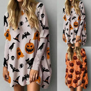 Explosive Christmas Cartoon Cat Print Loose Long Sleeve Shirt Dress