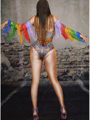 Rhinestone Tassel Tight Jumpsuit Bar Nightclub Performance Wear