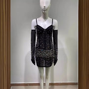 Drag Queen Dress, Drag Queen Gown, Drag Queen Outfit, Drag Queen Clothing, Rhinestone Fashionable Gloves Sexy Black Mesh Suspenders Dress