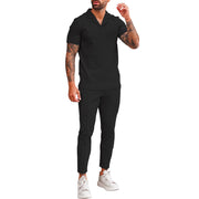 V Neck Casual Lapel Shirt Men's Short Sleeve Pants Suit (top and bottom)