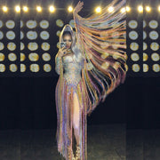 Female Singer Hosting Rhinestone Elastic Color One-piece Tassel Performance Costume