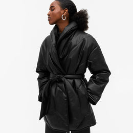 Winter-Parka-For-Women-Loose Leather-Coats-Ladies Jacket- waist tie belt