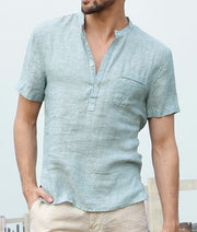 Gay Men's Muscle Fit Casual Linen Solid Color Shirt Button V Neck Beach Shirt Men Summer Tops