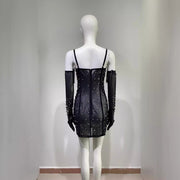 Drag Queen Dress, Drag Queen Gown, Drag Queen Outfit, Drag Queen Clothing, Rhinestone Fashionable Gloves Sexy Black Mesh Suspenders Dress