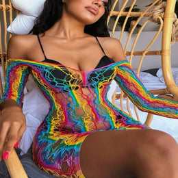 Gay Pride Fishnet Hollow Backless Sexy Grid Color Dress