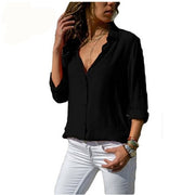 Lossky Women Tops Blouses Long Sleeve Solid V-Neck Chiffon Blouse Female Work Wear Shirts Blouse Plus Size