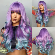 Cosplay Colored Wig With Long Curly Bangs And Purple Gradient Blue Hair