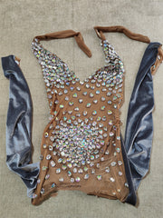 Gray Velvet Rhinestone Stretch One-piece Stage Performance Clothing Woman