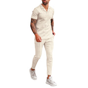 V Neck Casual Lapel Shirt Men's Short Sleeve Pants Suit (top and bottom)