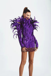 Drag Queen Feathered Dress, Drag Queen Feathered Gown, Drag Queen Dress, Drag Queen Gown, Purple Feathered dress, Feathered long sleeve dress