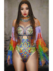 Rhinestone Tassel Tight Jumpsuit Bar Nightclub Performance Wear