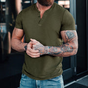 Gay Men's Muscle Fit Shirts, Men's Casual Henley Round Neck Short Sleeve Solid Color T-Shirt